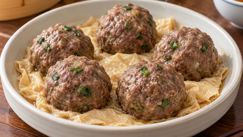 Unwrapped steamed beef balls resting on bean-curd skin