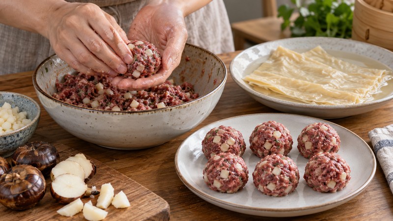 Sticky minced beef mixture being portioned into equal balls