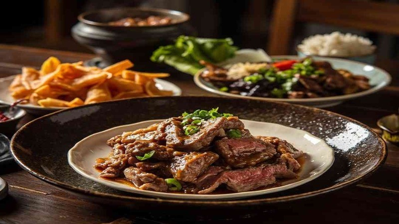 Cooked steak slices with sauce on a white plate