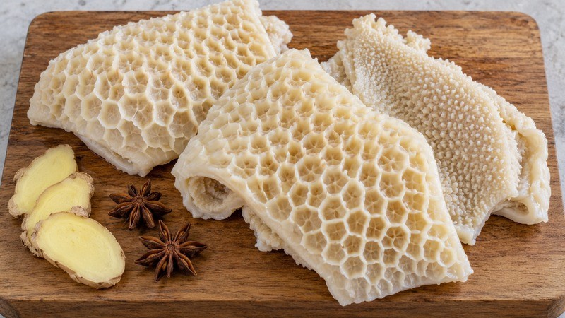Cleaned honeycomb beef tripe with visible hexagonal texture beside ginger and star anise