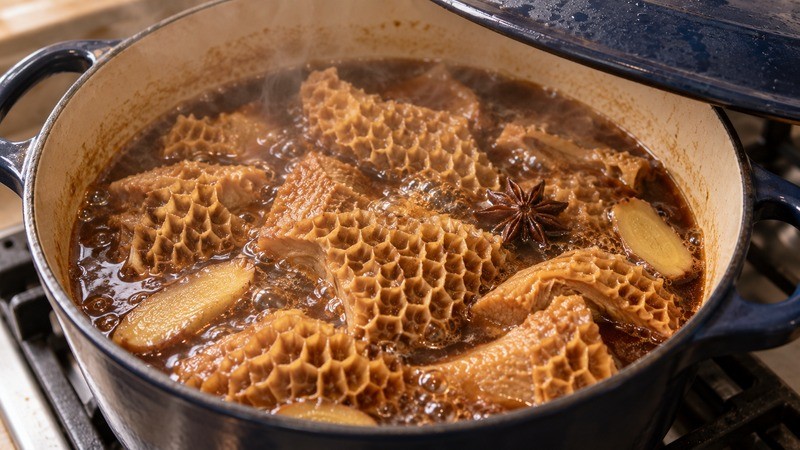 Honeycomb tripe pieces simmering with ginger and star anise in a pot