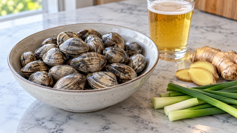 Live closed-shell clams in a bowl beside ginger, scallion and a small glass of pale beer