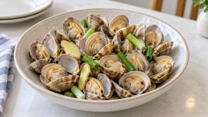 Opened cooked clams in a shallow bowl with ginger and scallion