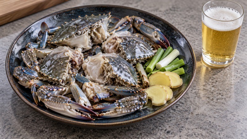 Cleaned crab sections with ginger and scallion on a heatproof plate with a small glass of pale beer beside it