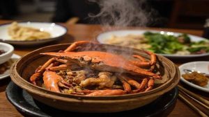 A cooked crab with exposed meat in a bamboo vessel