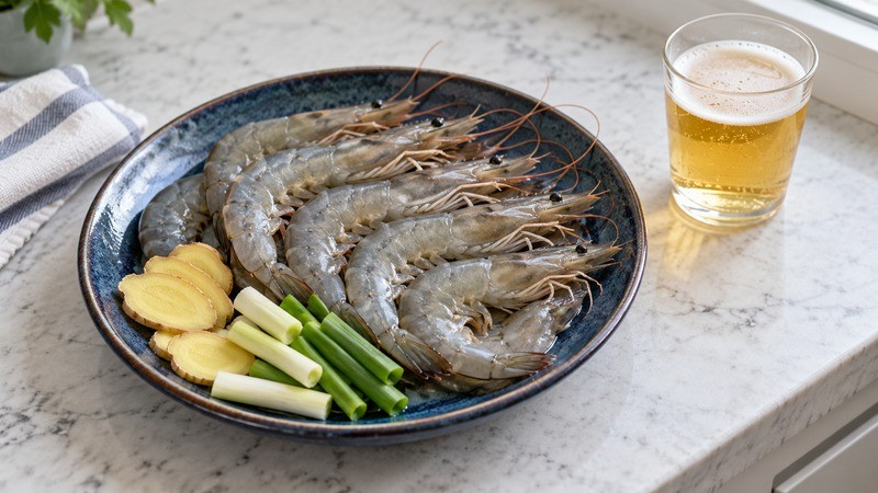 Shell-on raw shrimp on a heatproof plate with ginger and scallion beside a small unlabelled glass of pale beer