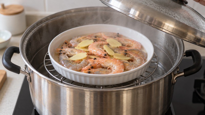 Shell-on shrimp and ginger on a raised heatproof plate inside a metal steamer