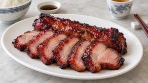 Sliced glazed char siu pork on a white serving plate
