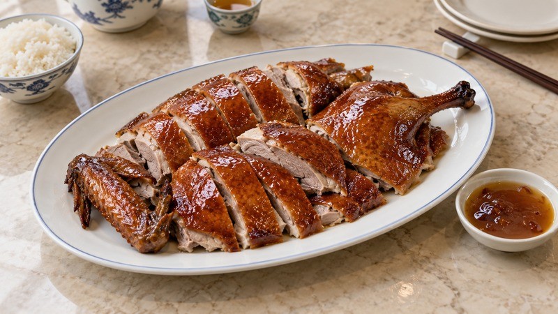A carved Cantonese roast duck on a platter with a small plum sauce bowl