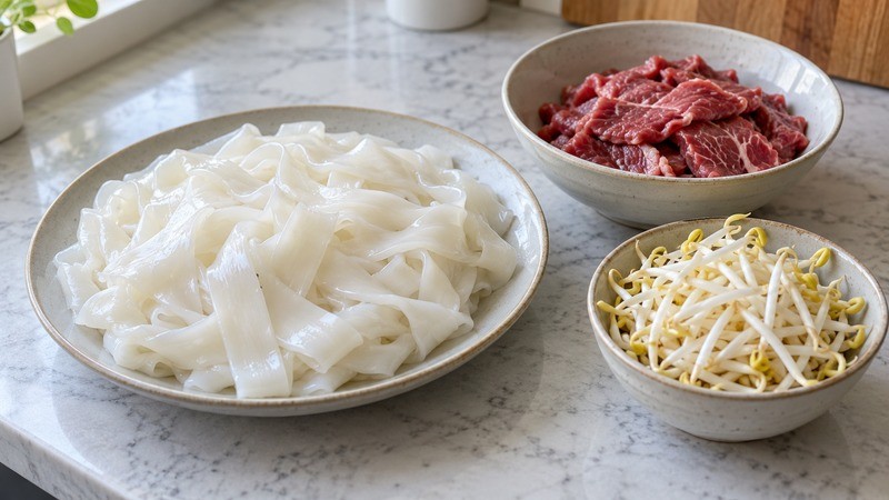 Separated fresh wide white ho fun noodles beside thin raw beef and bean sprouts