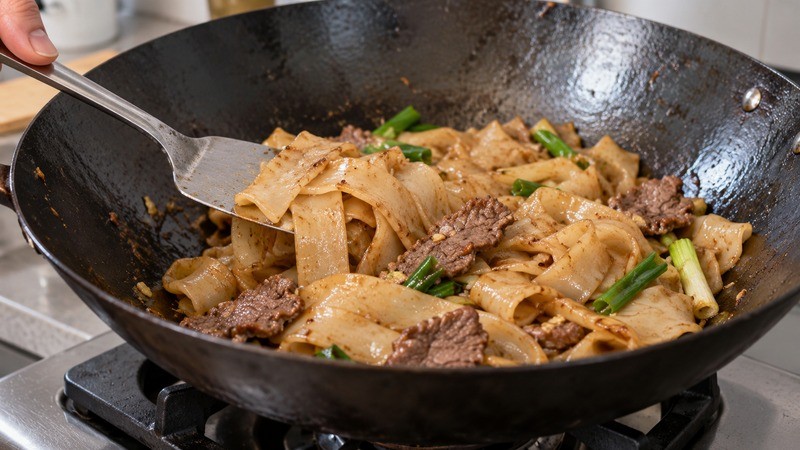 A spatula gently lifting broad rice noodle ribbons in a wok