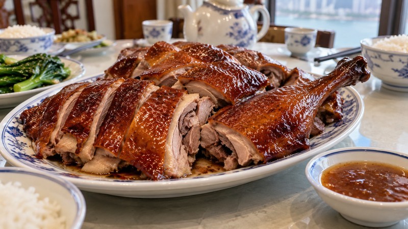 Carved Cantonese roast goose with browned skin and plum sauce served separately