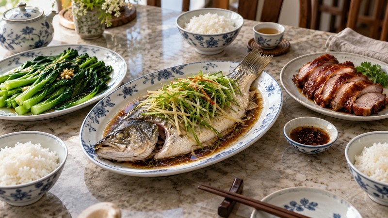 Shared Cantonese dinner with steamed fish roast meat green vegetables and rice