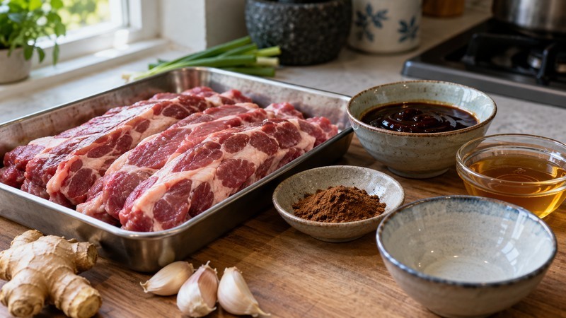Pork shoulder strips beside soy-hoisin marinade honey and a separate clean glaze bowl