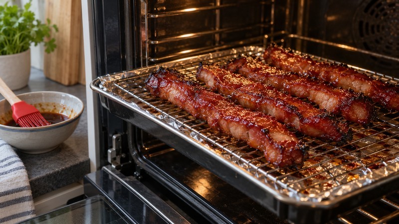 Char siu strips roasting on a rack above a drip tray with clean glaze set aside