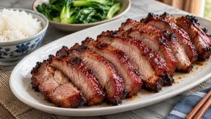 Sliced char siu with glossy browned edges served beside rice and green vegetables