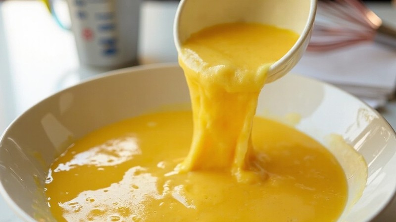 Beaten egg liquid being poured into a mixing bowl