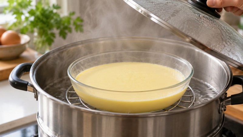 Shallow bowl of egg mixture on a stable steaming rack