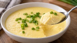 Smooth fully set steamed egg custard with scallion