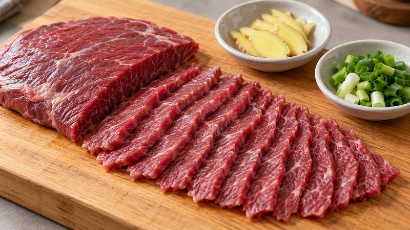 Thin beef slices cut across the grain beside ginger and scallion