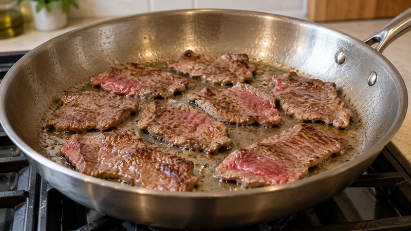 Beef slices searing in a single layer in a home skillet