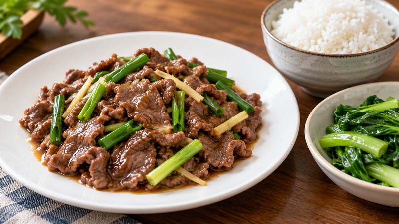 Glossy oyster-sauce beef with scallion served beside rice and greens