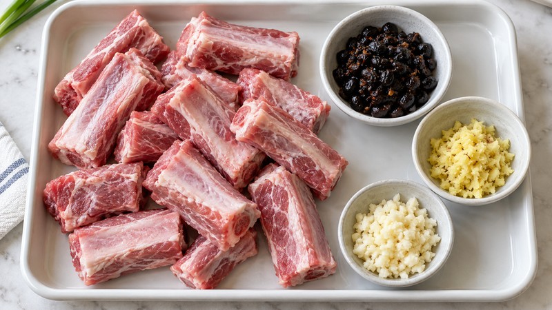 Raw short pork ribs with separate fermented black beans, garlic and ginger
