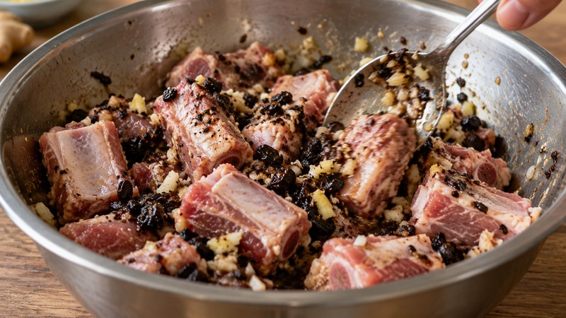 Short rib pieces coated with crushed fermented black beans