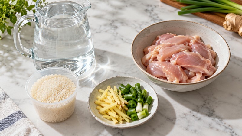 Raw rice and thin chicken slices on separate preparation surfaces