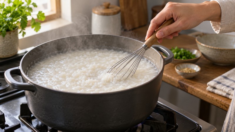 Soft rice porridge being stirred in a deep pot