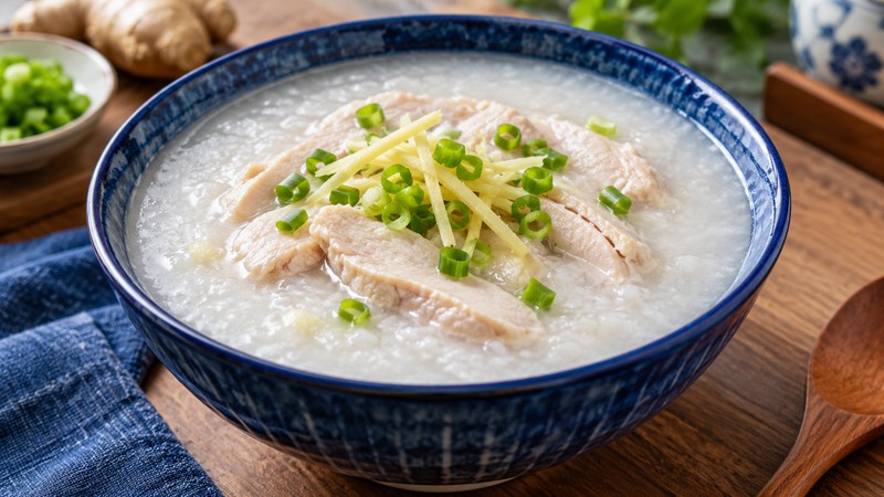 Chicken congee with visible cooked chicken slices and scallion