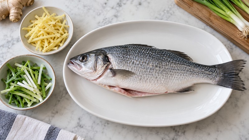Raw whole fish with ginger and scallion prepared separately