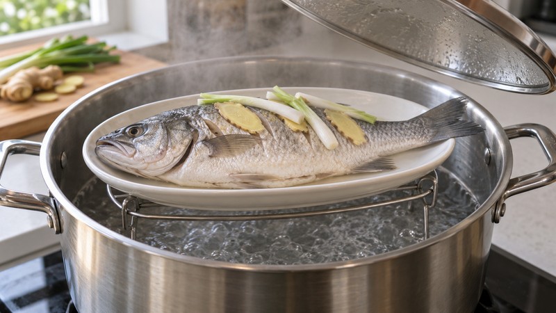 Whole fish on a solid plate inside a covered-pot steaming rack
