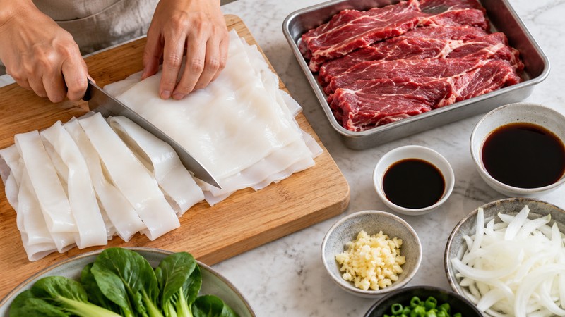 Uncut rice noodle sheets beside separate beef and seasoning bowls