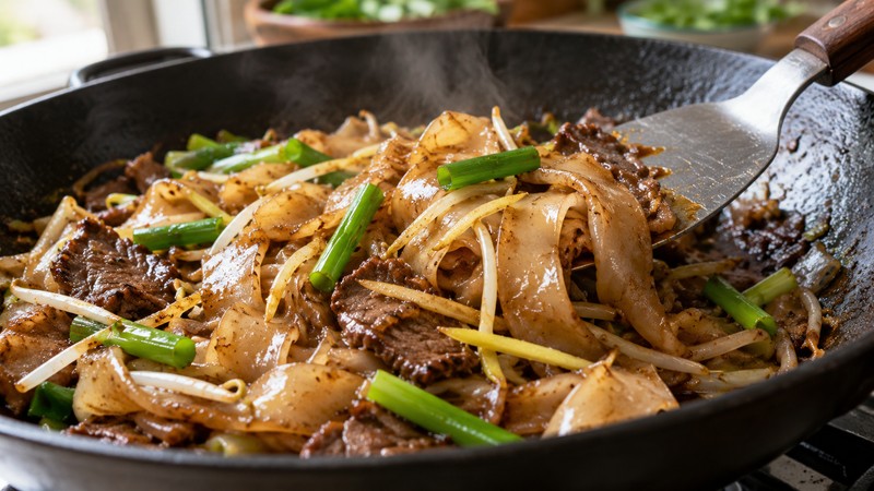 Intact rice ribbons lifted gently with a broad spatula