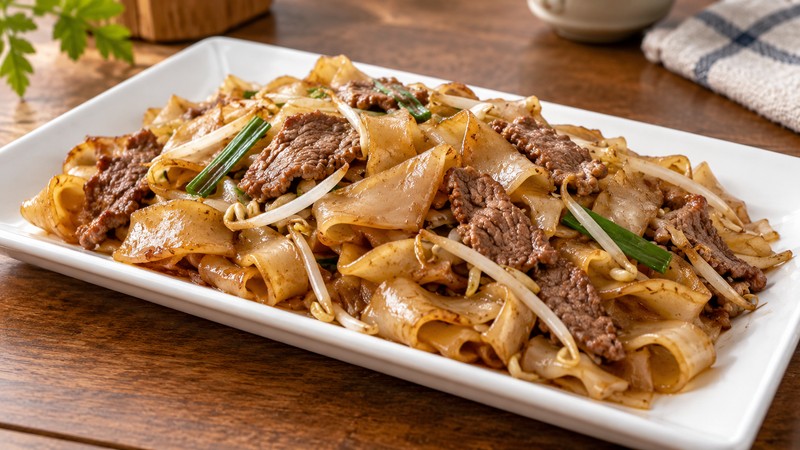 Dry beef chow fun with wide noodles, beef and cooked sprouts