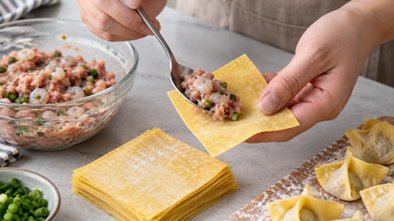 Small pork-shrimp filling portions being sealed in square wonton wrappers