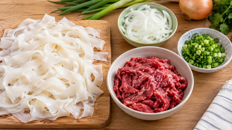 Wide rice noodles and sliced beef prepared separately