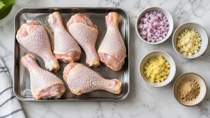 Drumsticks and measured ginger seasonings on separate trays