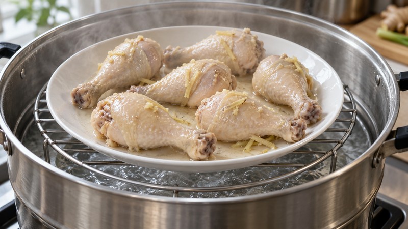 Drumsticks arranged flat in a rimmed steaming plate