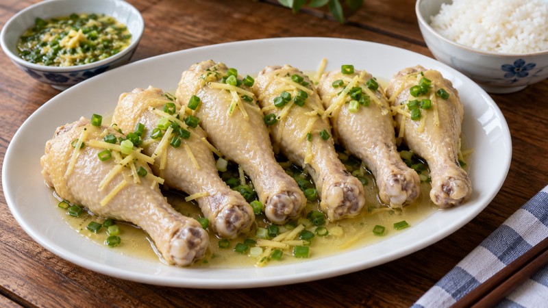 Steamed drumsticks with ginger-scallion condiment alongside