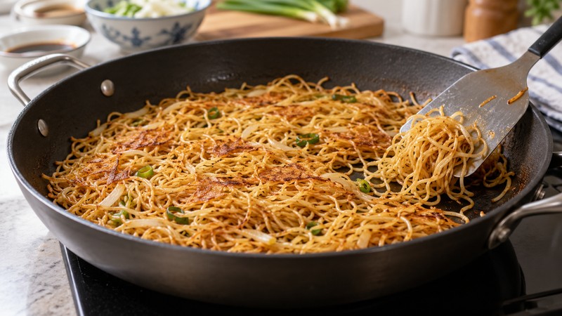 Thin cooked noodles browning in a wide skillet