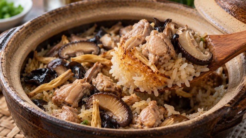 Cooked chicken topping with tender rice and lightly golden bottom
