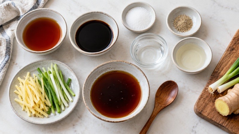 Measured light soy, dark soy and sauce ingredients in small bowls