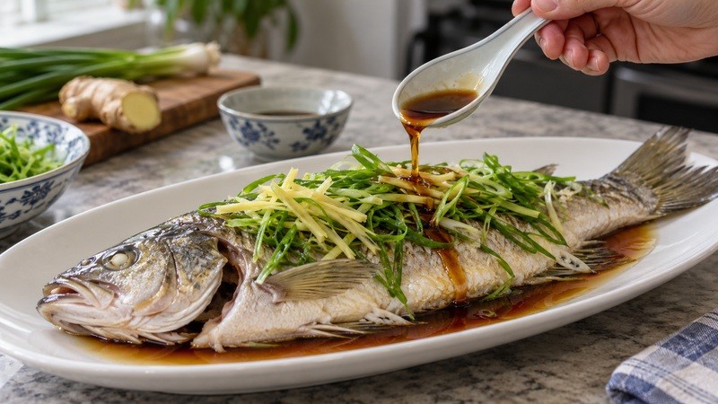 Soy-based sauce and fresh aromatics finishing a steamed fish