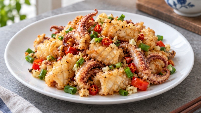 Golden battered squid with scallion and chili
