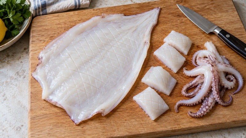 Shallow crosshatch scoring on the inside of cleaned squid