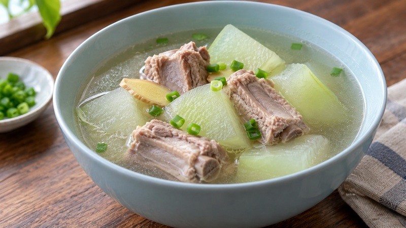 Winter melon and pork-rib soup with translucent melon pieces