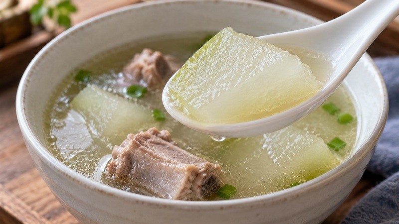 Spoon lifting a tender winter melon slice from clear broth