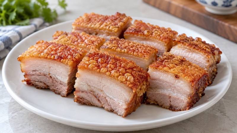 Sliced roast pork belly with crisp skin and visible layers
